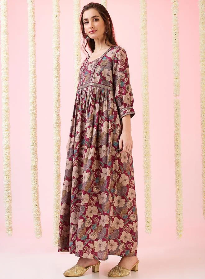 globus Gold Foil Floral Print Gathered Fusion Maxi Dress