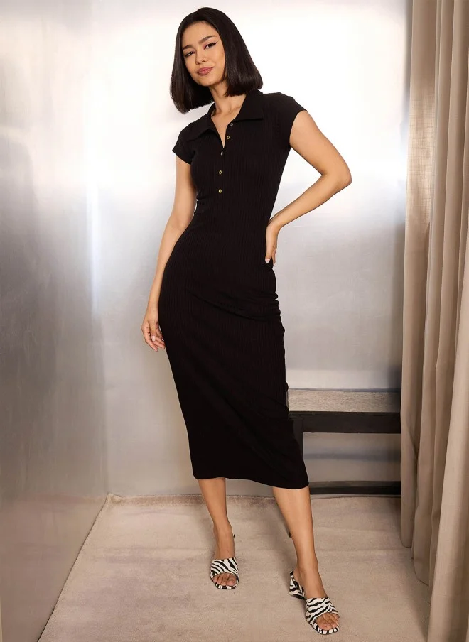 SASSAFRAS Black Bodycon Midi Dress for Women