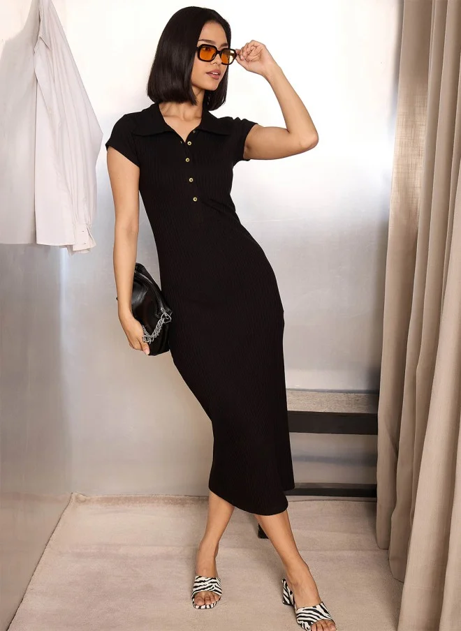 SASSAFRAS Black Bodycon Midi Dress for Women