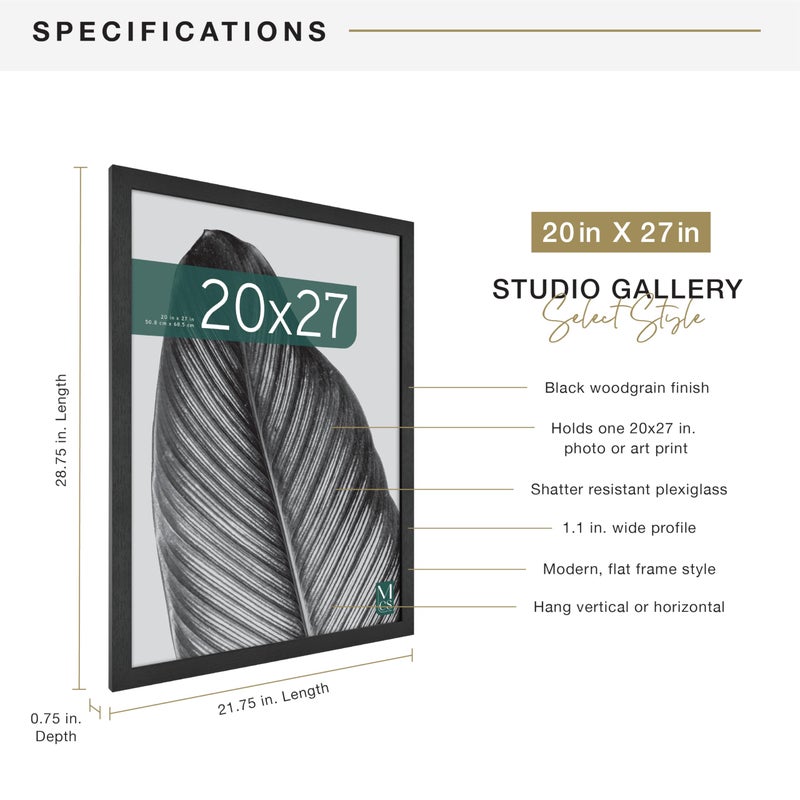 MCS Studio Gallery 20x27 Poster Frame Black Woodgrain Engineered Wood, Vertical & Horizontal Wall Hanging Large Picture Frame for Photos, Posters & Art Prints (1-Pack) - Image 4