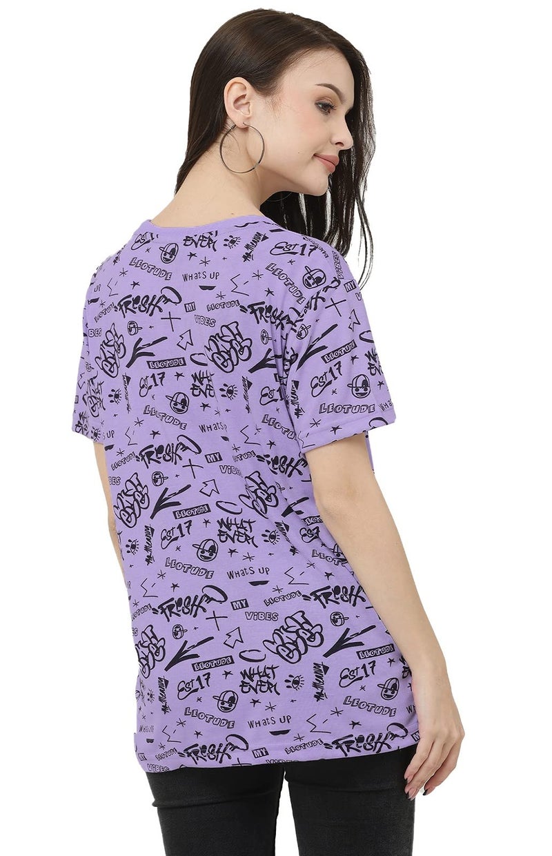 LEOTUDE Cotton Blend Half Sleeve Boyfriend/Loose Fit T-Shirts for Women (Color: Purple, Size: XXL) - Image 2
