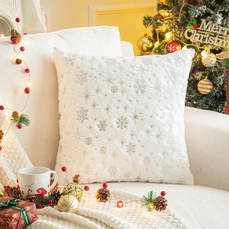 AQOTHES Soft Faux Fur Fuzzy Cute Decorative Throw Pillows Covers with Snowflake Glitter Printed Pillowcases for Christmas Decor Home Bed Room Sofa Chair Couch  Ivory  18x18 inch  Pack of 2 - Image 5