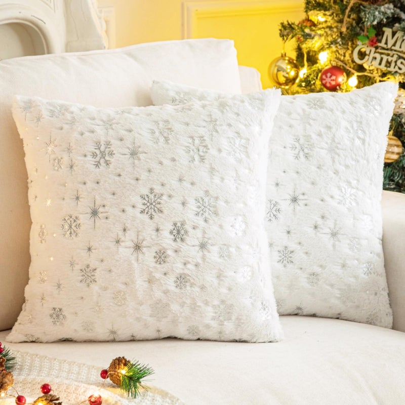 AQOTHES Soft Faux Fur Fuzzy Cute Decorative Throw Pillows Covers with Snowflake Glitter Printed Pillowcases for Christmas Decor Home Bed Room Sofa Chair Couch  Ivory  18x18 inch  Pack of 2 - Image 4