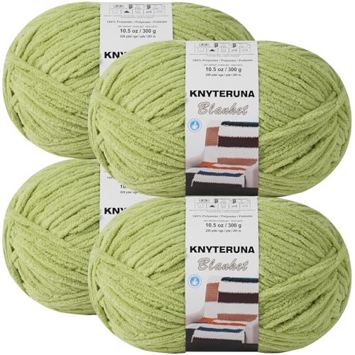 Knyteruna #6 Super Bulky Blanket Yarn for Crocheting - 4 Skeins(Each 10.5oz/300g, 220yds/201m), Chunky Chenille Thick Plush Big Soft Yarn for Crocheting Knitting Blankets, Lemon Lime - Image 1