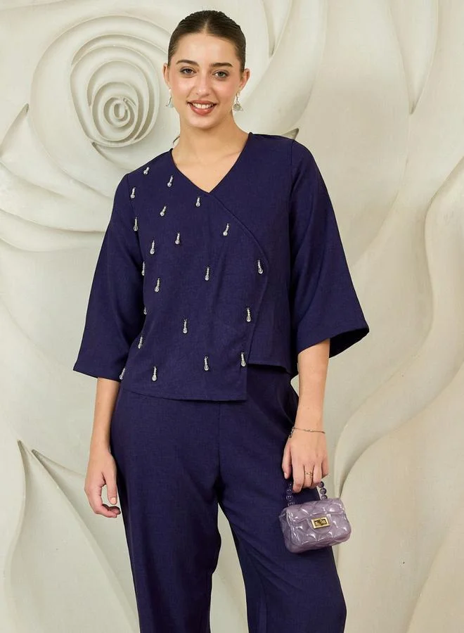 Athena Navy Embellished Top and Pants Co-ords