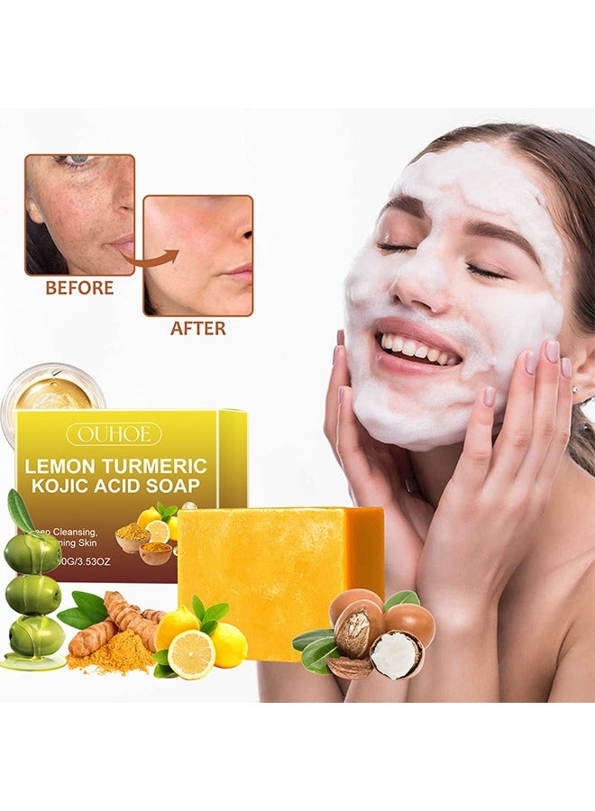 OUHOE Lemon Turmeric Kojic Acid Facial Soap, Deep Cleansing, Brightening Skin, Skin Lightening, Cleansing & Nourishing 100g - Image 1