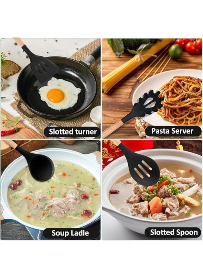 ELTRAZONE 12Pcs Silicone Kitchen Cooking Spatula Set with Holder, Wooden Handle Heat Resistant Cookware Utensils Set, Non-Stick Kitchen Tools for Baking & Cooking - Image 3