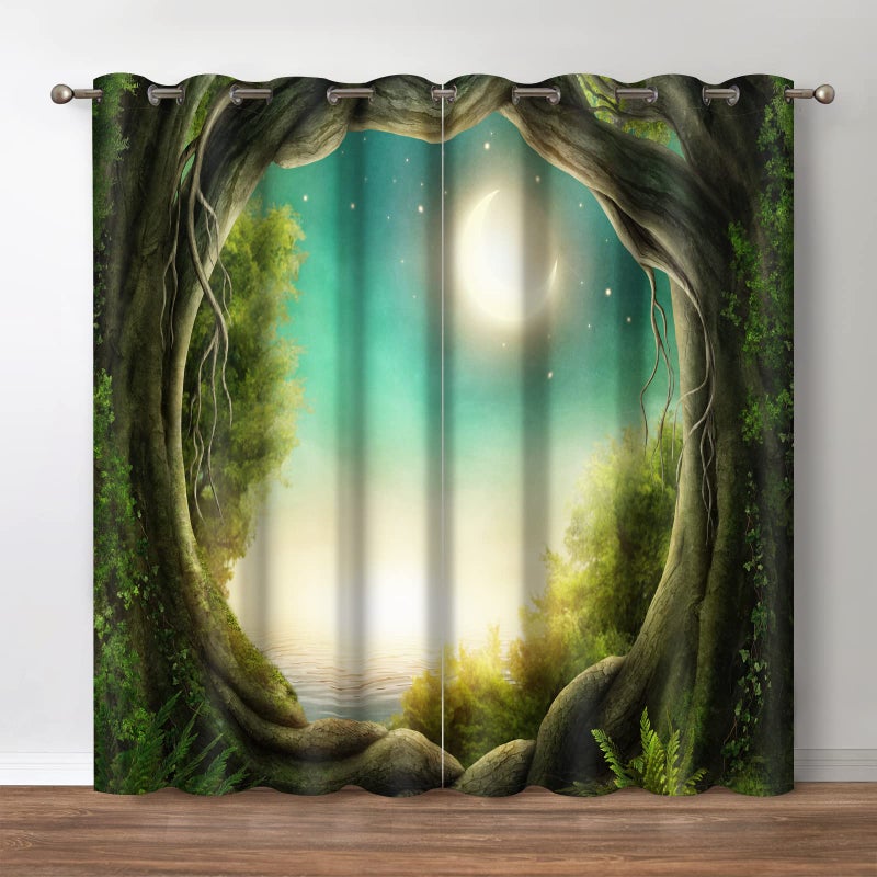 Jekeno Fantasy Forest Blackout Curtains Magic Forest Trees Trunk Bright Moon Stars Theme Print Decor Home Bedroom Living Room Darkening Grommet Window Drapes 2 Panels Set, 52"x84" - Image 1