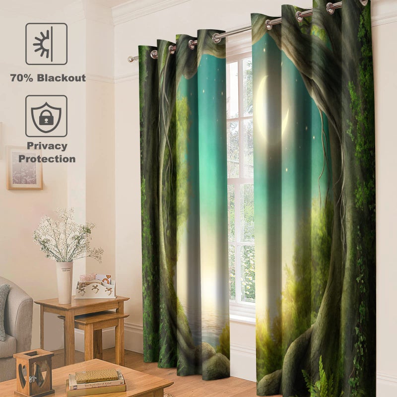 Jekeno Fantasy Forest Blackout Curtains Magic Forest Trees Trunk Bright Moon Stars Theme Print Decor Home Bedroom Living Room Darkening Grommet Window Drapes 2 Panels Set, 52"x84" - Image 2