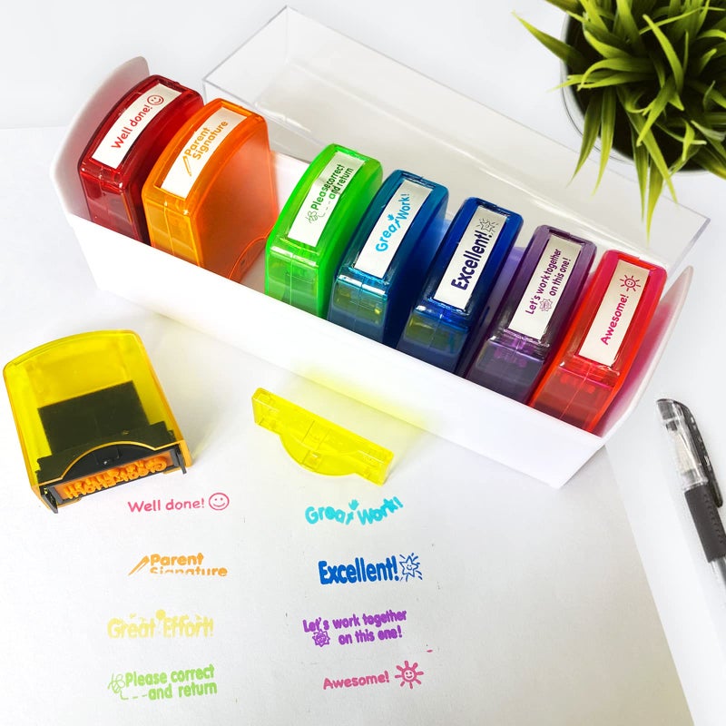 Bertiveny Teacher Stamps for Grading Classroom,Parent Signature Self-Inking Teacher Stamp Set School Supplies Stamps for Homework Reward with 8 pcs Classroom Supplies for School Elementary(Rainbow) - Image 5