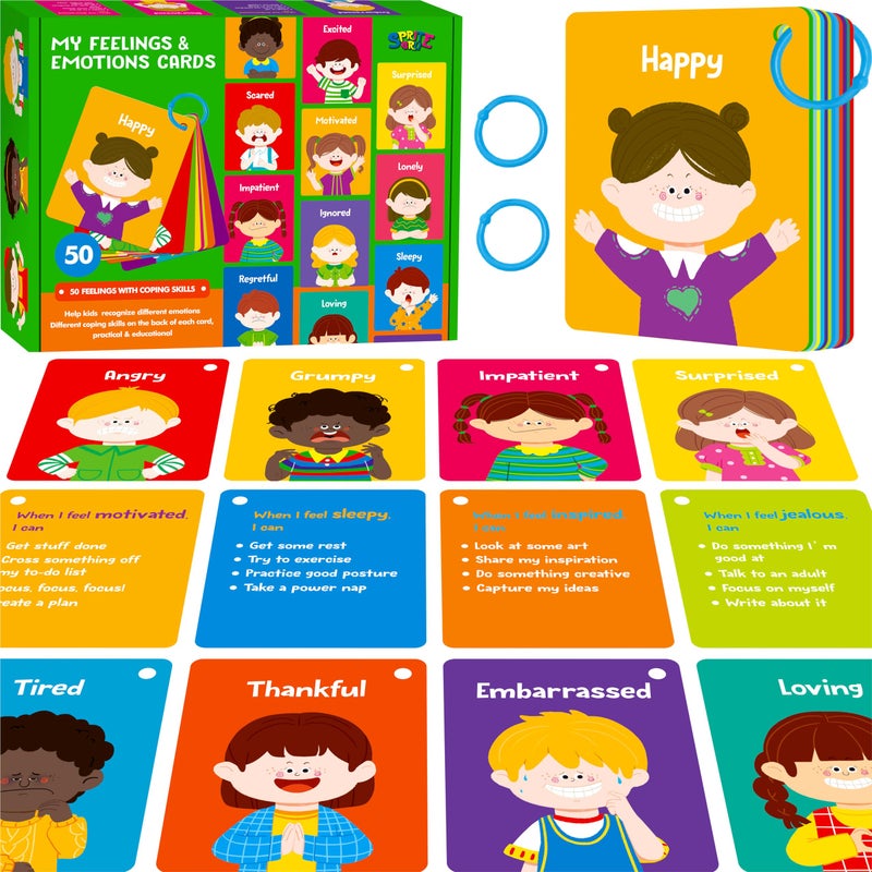 SpriteGru Emotions Flashcards 50 Different Feelings with Coping SkillsLearn to Identify Various Moods Cartoon Faces Emotions for Kids with Autism ADHD Emotion Flipbook for Therapy Home Use - Image 2