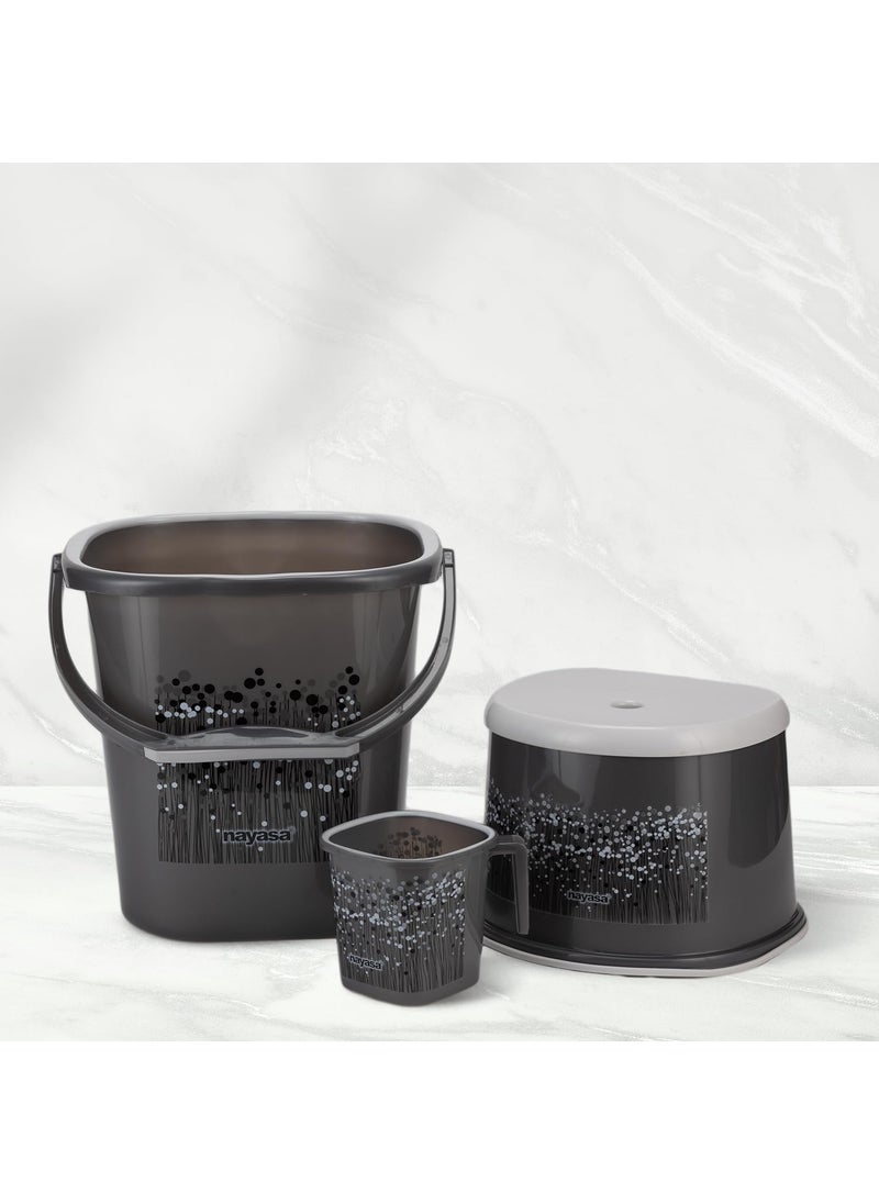 NAYASA Nayasa Funk Square 3 Pcs Bathroom Set Bucket 18 L Mug 15 L 508 Stool Bathroom Set Bath Set for Bathroom Black  - Image 1
