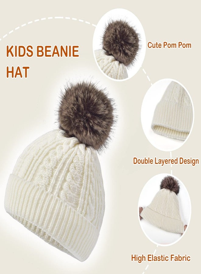 FENELY Kids Hat Gloves Scarf Set Girls Boys Winter Warm Knitted Beanie Knit Fleece Lined Neck Warmer Scarves Thick Thermal Cap with Cute Furry Pom White 3Pcs Cold Weather Snow Accessories for Children Child - Image 3