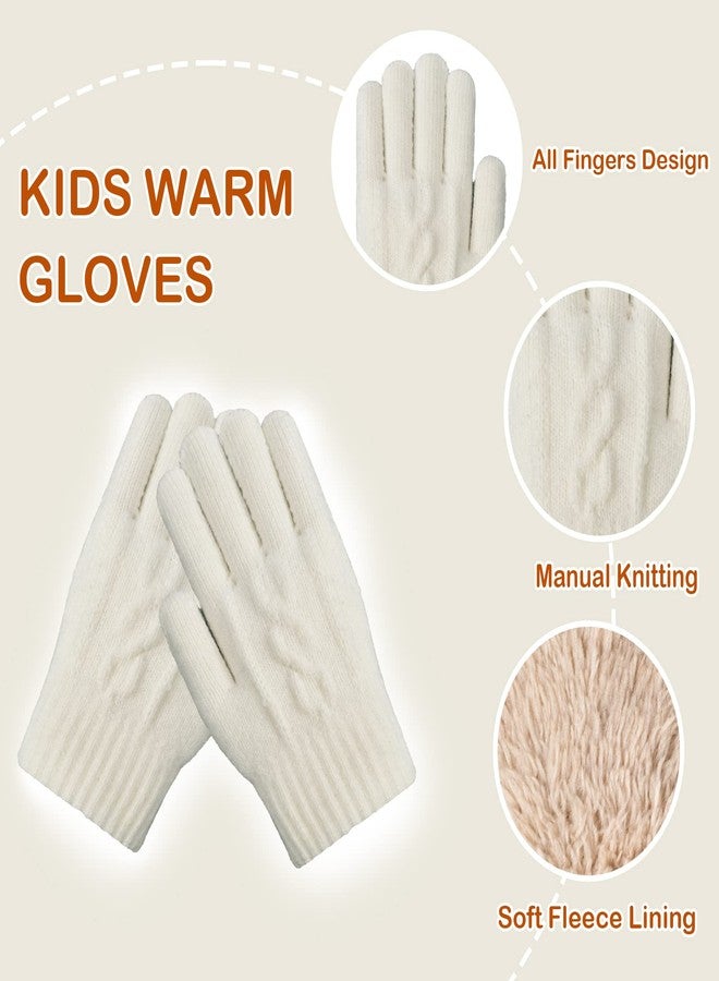FENELY Kids Hat Gloves Scarf Set Girls Boys Winter Warm Knitted Beanie Knit Fleece Lined Neck Warmer Scarves Thick Thermal Cap with Cute Furry Pom White 3Pcs Cold Weather Snow Accessories for Children Child - Image 5