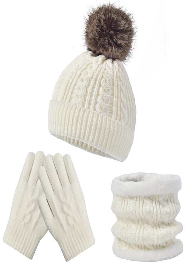 FENELY Kids Hat Gloves Scarf Set Girls Boys Winter Warm Knitted Beanie Knit Fleece Lined Neck Warmer Scarves Thick Thermal Cap with Cute Furry Pom White 3Pcs Cold Weather Snow Accessories for Children Child - Image 1