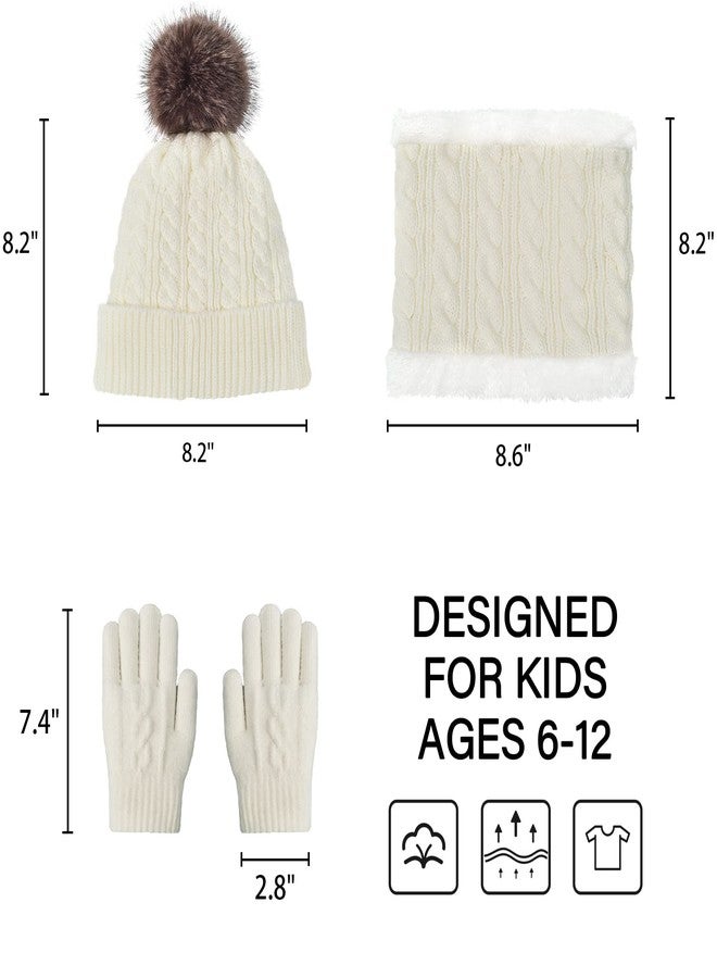 FENELY Kids Hat Gloves Scarf Set Girls Boys Winter Warm Knitted Beanie Knit Fleece Lined Neck Warmer Scarves Thick Thermal Cap with Cute Furry Pom White 3Pcs Cold Weather Snow Accessories for Children Child - Image 2