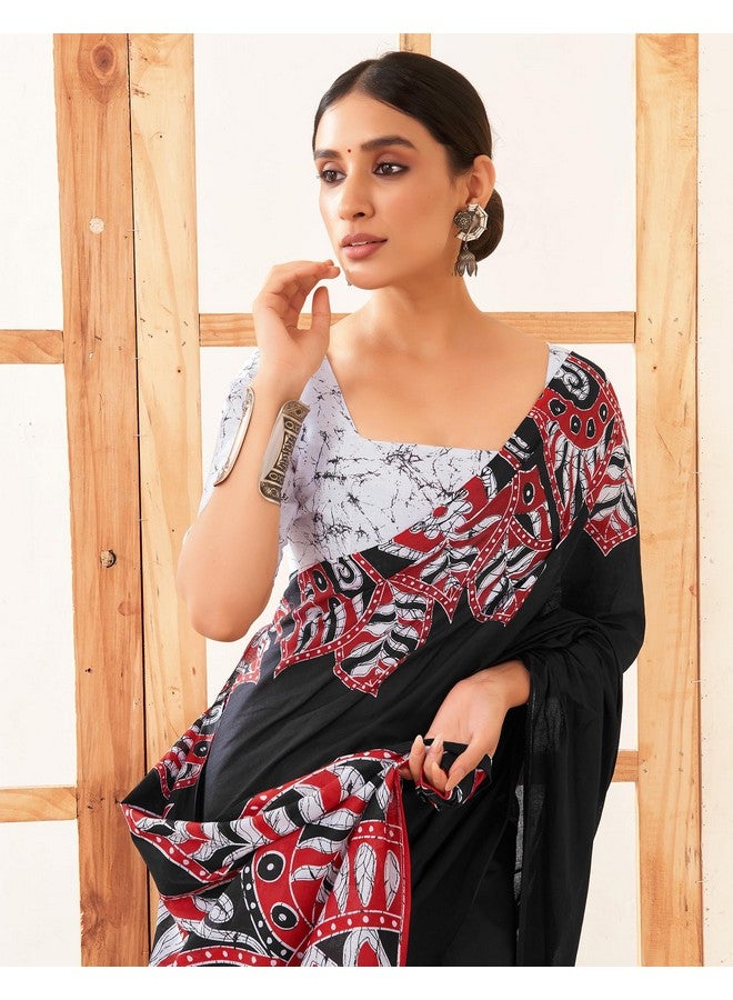 SIRIL Women's Pure Cotton Printed Saree With Unstitched Blouse Piece (3884S370_Black & Red) - Image 5