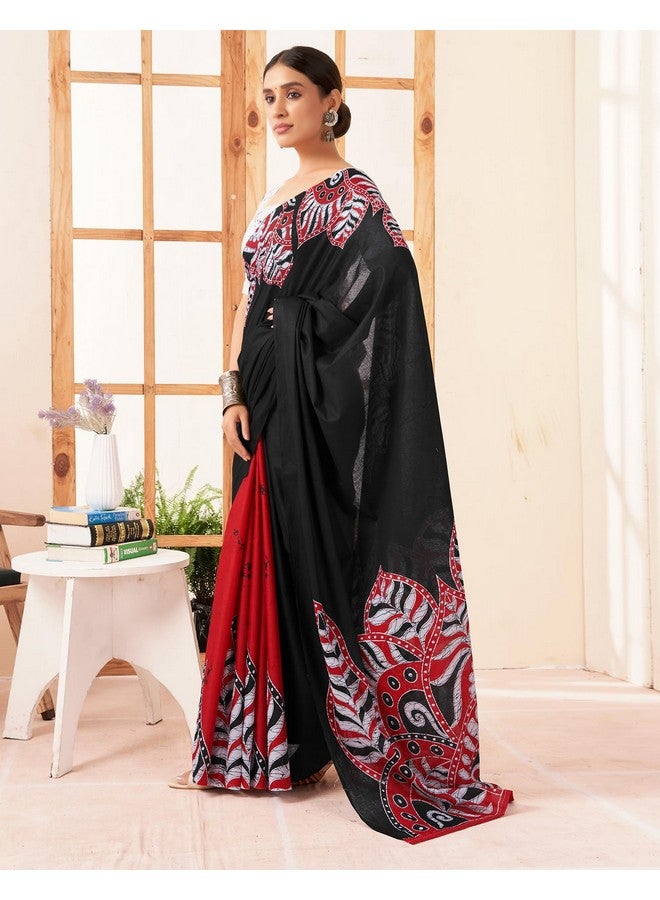 SIRIL Women's Pure Cotton Printed Saree With Unstitched Blouse Piece (3884S370_Black & Red) - Image 2