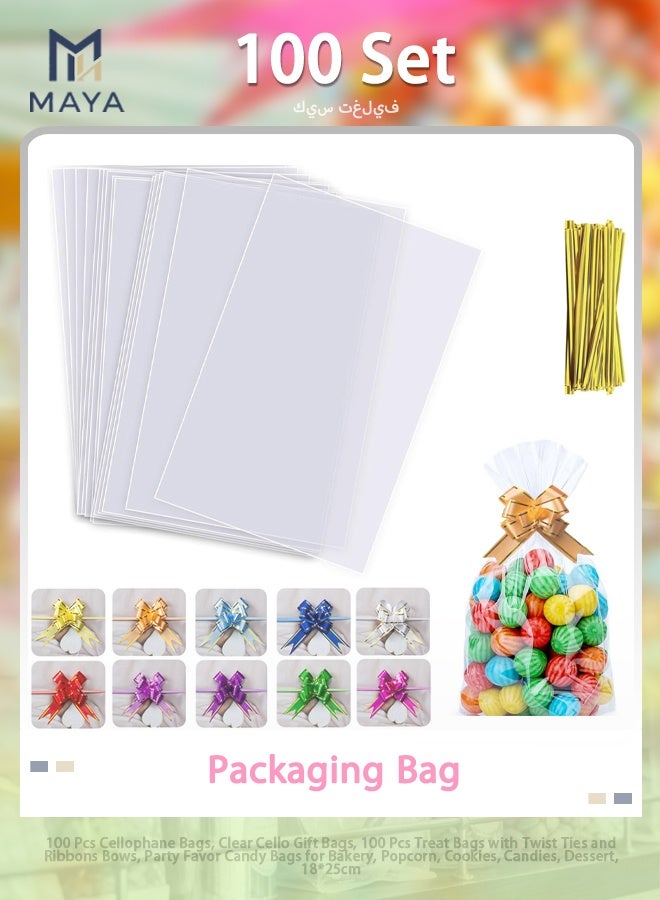 Maya 100 Pcs Cellophane Bags, Clear Cello Gift Bags, 100 Pcs Treat Bags with Twist Ties and Ribbons Bows, Party Favor Candy Bags for Bakery, Popcorn, Cookies, Candies, Dessert, 18*25cm - Image 1