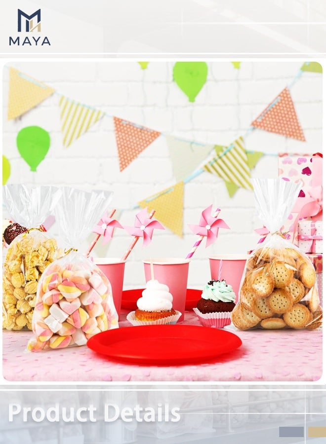 Maya 100 Pcs Cellophane Bags, Clear Cello Gift Bags, 100 Pcs Treat Bags with Twist Ties and Ribbons Bows, Party Favor Candy Bags for Bakery, Popcorn, Cookies, Candies, Dessert, 18*25cm - Image 3