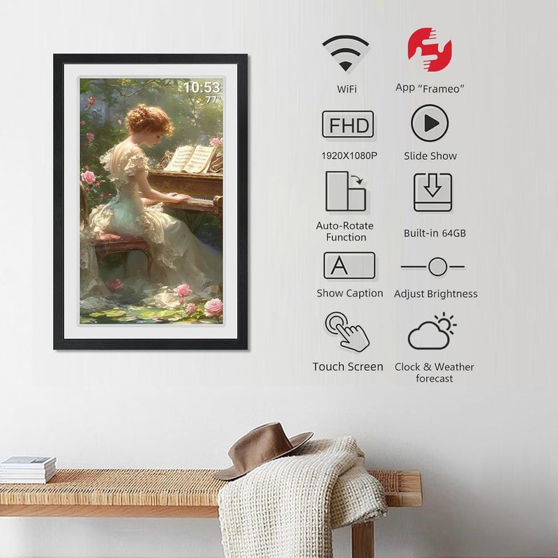 إطار صور رقمي FRAMEO 21.5 بوصة مع شاشة لمس IPS LCD كاملة الدقة 1920x1080، واي فاي مزدوج لمشاركة اللحظات عبر Frameo، سعة تخزين 32 جيجابايت، محرك أقراص USB/بطاقة SD لتوسيع التخزين، تدوير تلقائي، قابل للتركيب على الحائط مع VESA - Image 2