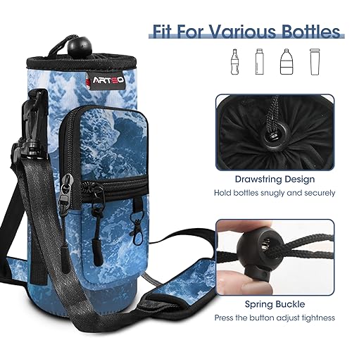 ARTSO Water Bottle Carrier Bag Sling Holder Pouch 25oz 32oz 40oz 64oz Insulated Water Bottle Sleeve Case Cover with Adjustable Shoulder Hand Strap Pocket for Hiking Camping Travelling Ocean Waves - Image 3