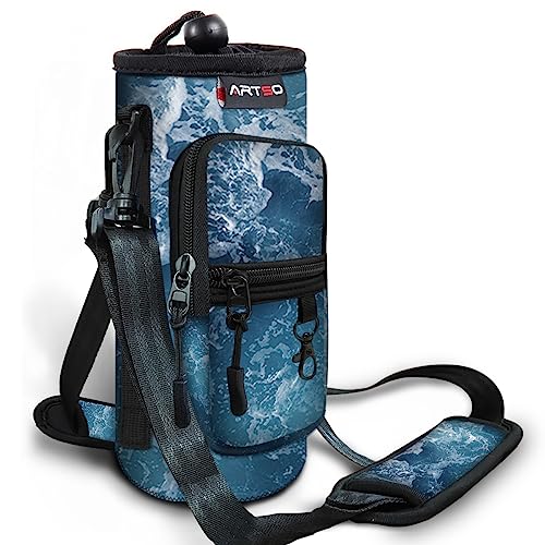 ARTSO Water Bottle Carrier Bag Sling Holder Pouch 25oz 32oz 40oz 64oz Insulated Water Bottle Sleeve Case Cover with Adjustable Shoulder Hand Strap Pocket for Hiking Camping Travelling Ocean Waves - Image 1