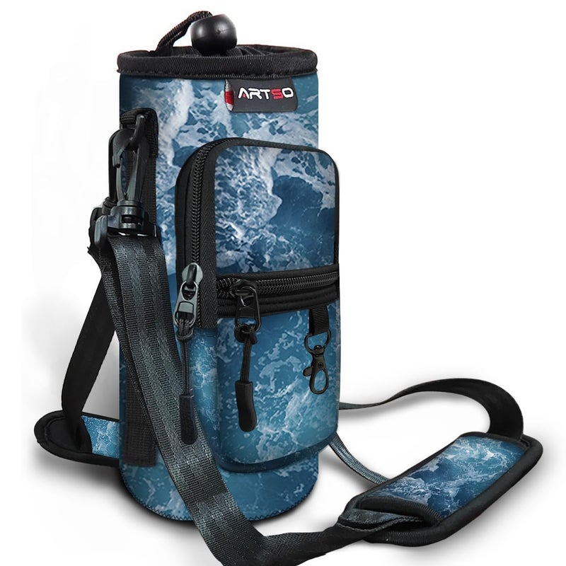 ARTSO Water Bottle Carrier Bag Sling Holder Pouch 25oz 32oz 40oz 64oz Insulated Water Bottle Sleeve Case Cover with Adjustable Shoulder Hand Strap Pocket for Hiking Camping Travelling Ocean Waves - Image 2
