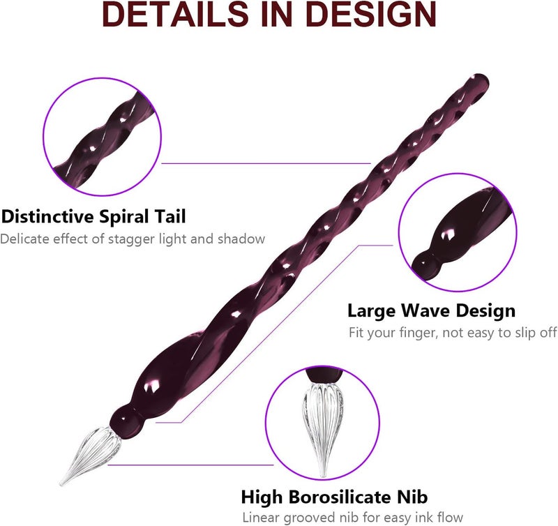 ESSSHOP Glass Pen Calligraphy Set - 3 Purple Crystal Dip Pens Color Ink and Pen Holder Art Supplies Kit for Signatures Beginners Journaling Lettering Drawing Holiday Gift Decoration - Image 3