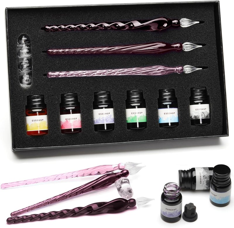ESSSHOP Glass Pen Calligraphy Set - 3 Purple Crystal Dip Pens Color Ink and Pen Holder Art Supplies Kit for Signatures Beginners Journaling Lettering Drawing Holiday Gift Decoration - Image 1