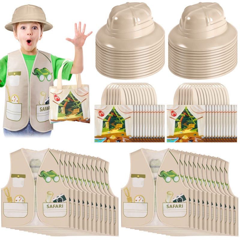 Newcotte 72 Pcs Kids Explorer Costume Toy Include 24 Kids Safari Vests 24 Party Plastic Safari Hats 24 Tote Bag Bulk for Explorer Jungle Party - Image 1
