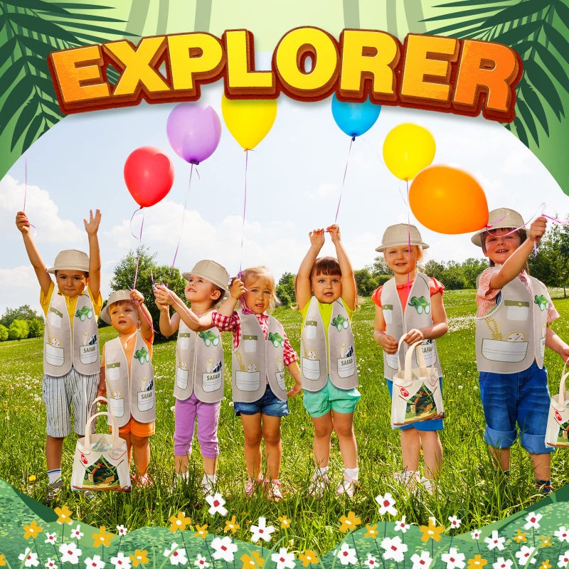 Newcotte 72 Pcs Kids Explorer Costume Toy Include 24 Kids Safari Vests 24 Party Plastic Safari Hats 24 Tote Bag Bulk for Explorer Jungle Party - Image 2