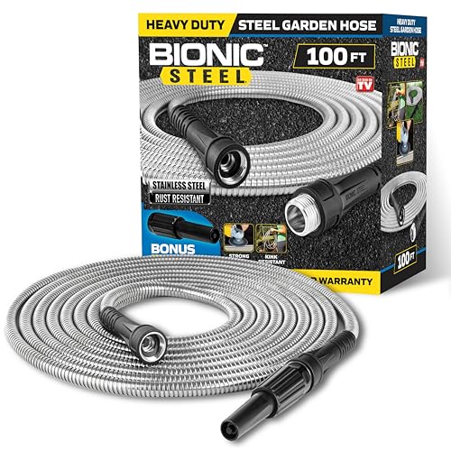 BIONIC STEEL 100 Ft Metal Garden Hose with Sprayer Nozzle, Non Kinking Designed Stainless Steel Heavy Duty Water Hose 100 Ft x 5/8 in. Flexible NON Expandable for Uninterrupted Water Flow, 500 PSI - Image 1