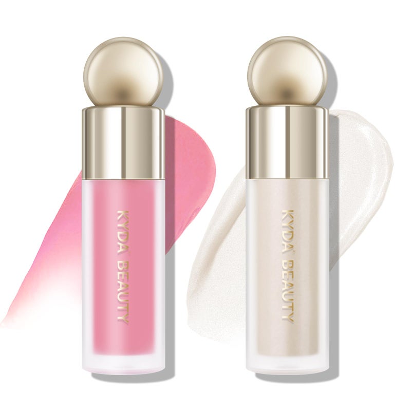KYDA 2 Colors Liquid Blush and Highlighter, Dewy Glow Blush + High Glossy Liquid Illuminator, Buildable Glow Coverage, Lightweight Blendable, Cool Pink + Champagne - Image 1