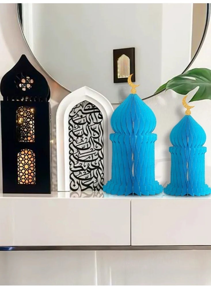 Ramadan Mubarak Foldable Honeycomb Paper Mosque Table Centerpiece, Eid Al Fitr Islamic Moon Palace Decor, Muslim Holiday Party Scene Decoration Ornament - Image 4
