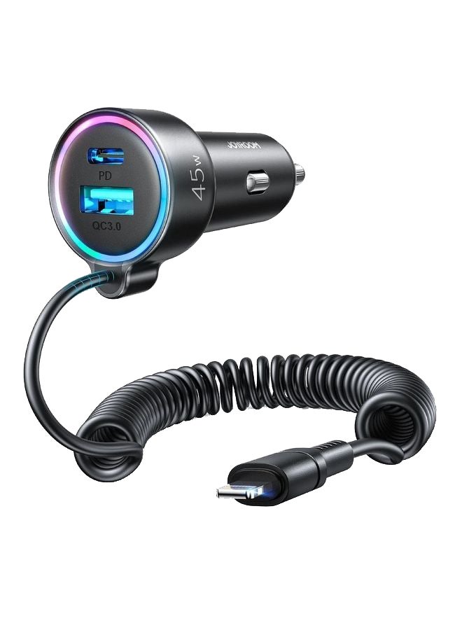 JOYROOM 3 In 1 PD Type C USB Interface Car Charger With Lightning Pin Spring Data Cable 45W Black - Image 1