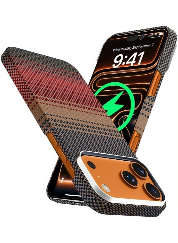 غطاء iPhone 17 Pro Max من ألياف الأراميد، متوافق مع MagSafe، رفيع جدًا وخفيف الوزن، مصنوع من ألياف الكيفلار الأراميدية مع إحساس رفيع جدًا كأنه بدون غطاء (عادي/غروب الشمس) - Image 1