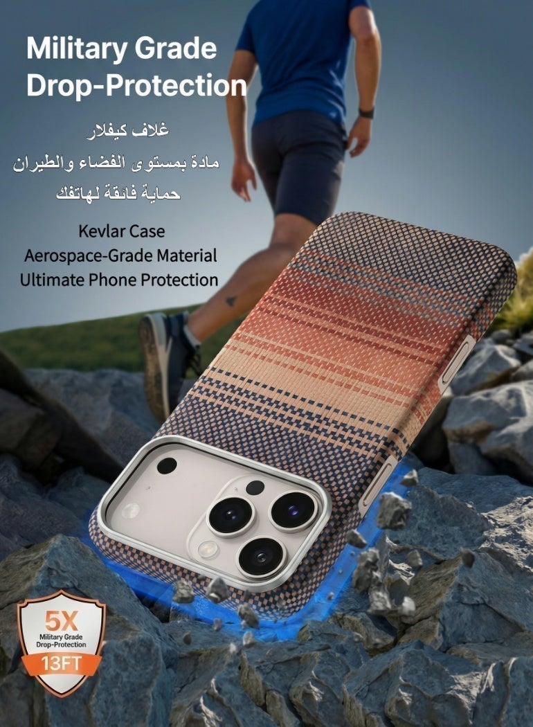غطاء iPhone 17 Pro Max من ألياف الأراميد، متوافق مع MagSafe، رفيع جدًا وخفيف الوزن، مصنوع من ألياف الكيفلار الأراميدية مع إحساس رفيع جدًا كأنه بدون غطاء (عادي/غروب الشمس) - Image 3