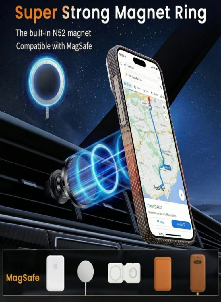غطاء iPhone 17 Pro Max من ألياف الأراميد، متوافق مع MagSafe، رفيع جدًا وخفيف الوزن، مصنوع من ألياف الكيفلار الأراميدية مع إحساس رفيع جدًا كأنه بدون غطاء (عادي/غروب الشمس) - Image 4