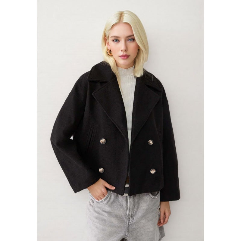 2025 New Autum European and American Style Womens Fashionable Commuter Lapel Double-Breasted Short Woolen Jacket Black 