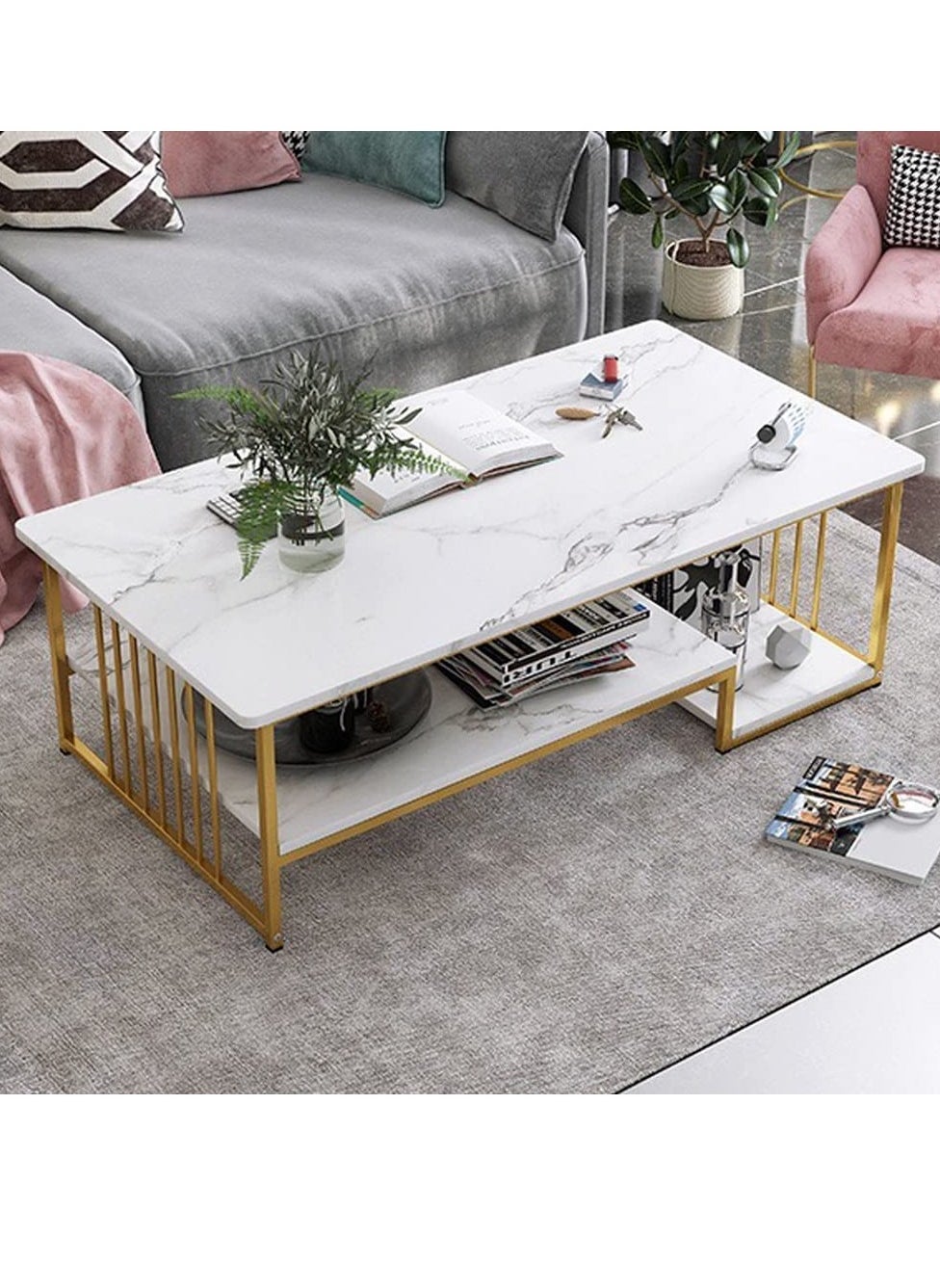 DUSALA Coffee Table with Storage, Rectangular Sofa Tables Open Shelf for Living Room, Center Marble Finish and Metal Frame Dining Home 