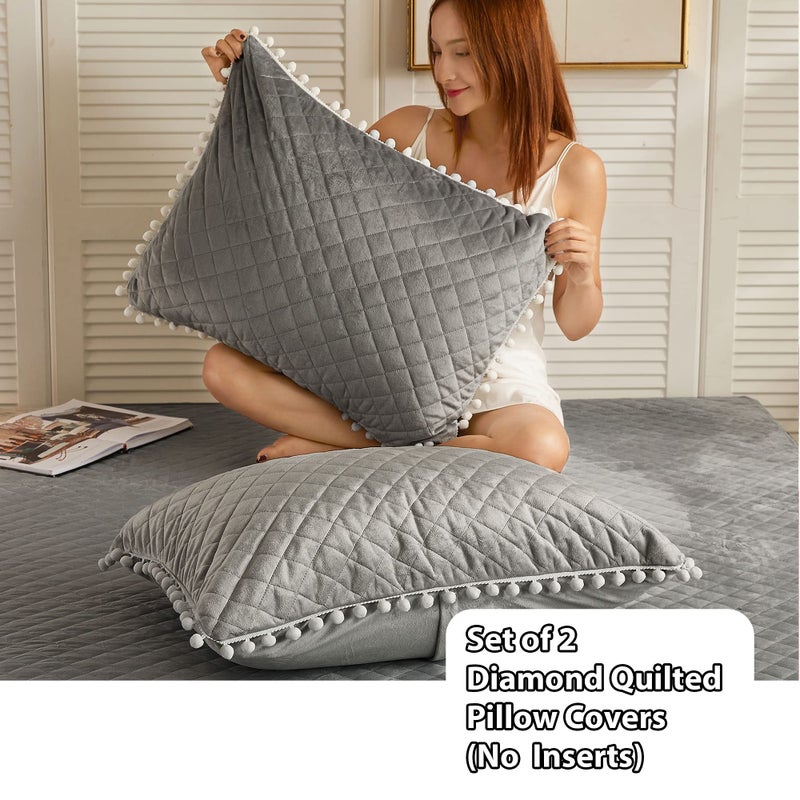 LIFEREVO 2 Pack Diamond Quilted Velvet Bed Pillowcases  Pom Poms Fringe Decorative Throw Pillow Shams Set of 2  Soft Bed Pillow Cases Zipper Closure for Teen's Girls Bedroom (Gray  Standard/Queen) - Image 2