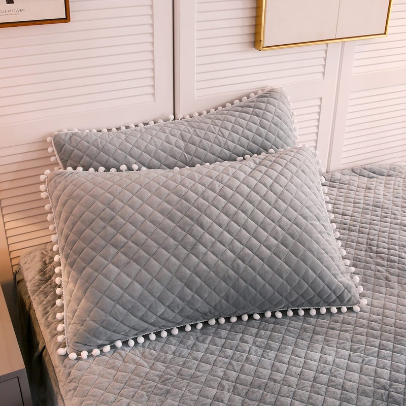 LIFEREVO 2 Pack Diamond Quilted Velvet Bed Pillowcases  Pom Poms Fringe Decorative Throw Pillow Shams Set of 2  Soft Bed Pillow Cases Zipper Closure for Teen's Girls Bedroom (Gray  Standard/Queen) - Image 1