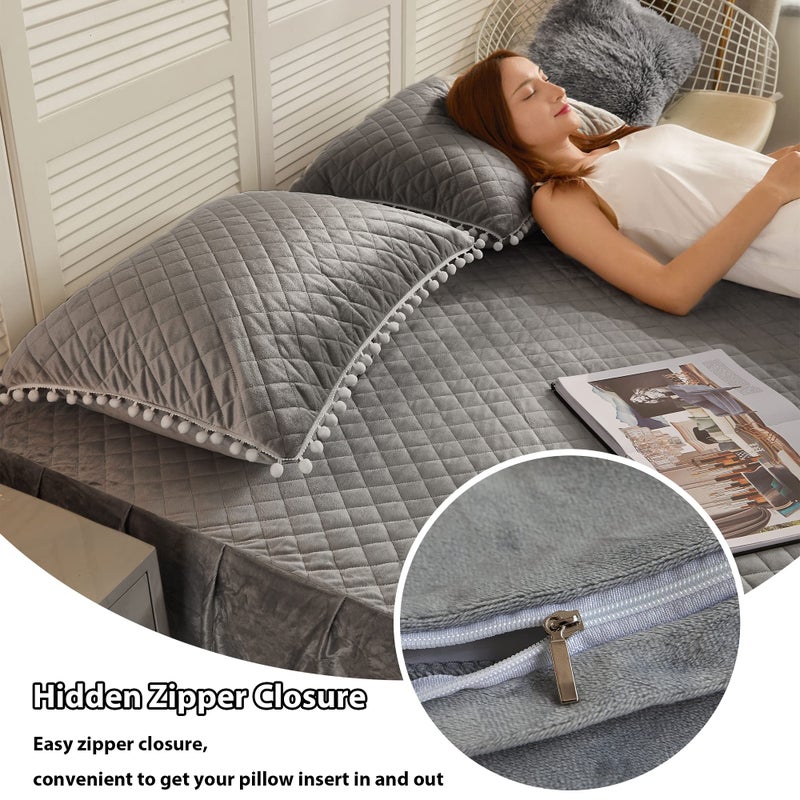 LIFEREVO 2 Pack Diamond Quilted Velvet Bed Pillowcases  Pom Poms Fringe Decorative Throw Pillow Shams Set of 2  Soft Bed Pillow Cases Zipper Closure for Teen's Girls Bedroom (Gray  Standard/Queen) - Image 4