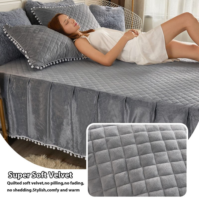 LIFEREVO 2 Pack Diamond Quilted Velvet Bed Pillowcases  Pom Poms Fringe Decorative Throw Pillow Shams Set of 2  Soft Bed Pillow Cases Zipper Closure for Teen's Girls Bedroom (Gray  Standard/Queen) - Image 3