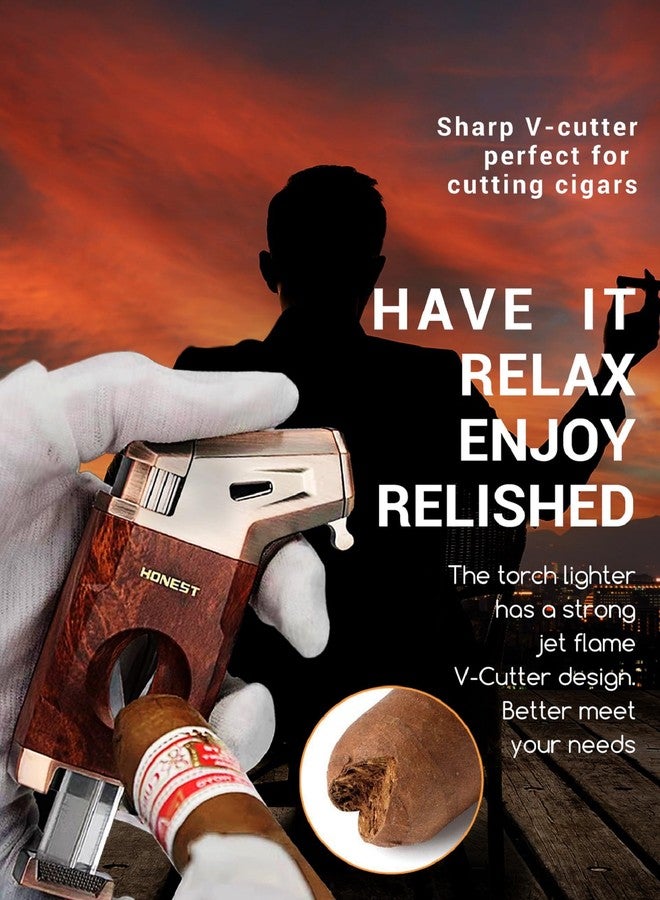 Jaerdhs Butane Torch Lighter with V Cutter, Windproof Jet Flame Lighter Torch Refill, Adjustable Refillable Butane Lighter Gifts for Men, with Fuel Window, Fuel not Include - Image 4