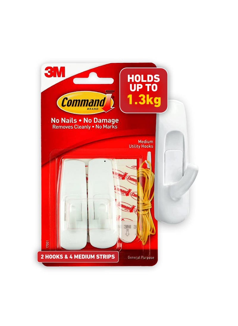 Command Command Plastic Medium Utility Wall Hooks Up To 13Kg Heavy Duty Holds Strongly Reusable Adhesive Hooks For Wall MultiSurface Damage Free Hooks For Hanging White 2Hooks 4 Stripss  - Image 1
