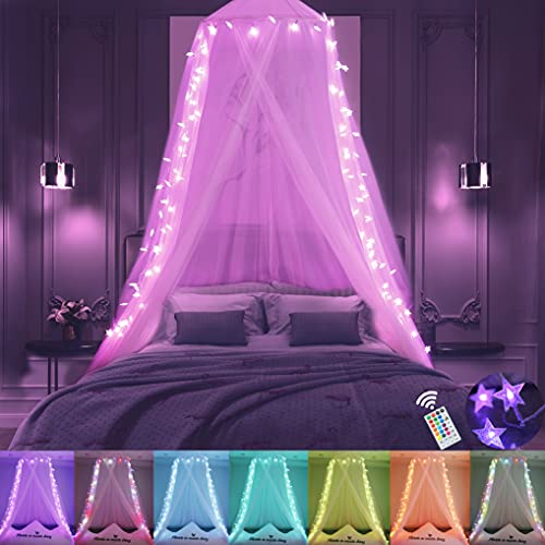 Obrecis Pink Bed Canopy for Girls Bedroom Decor Princess Canopy Bed Curtain with Lights 100 LED Star Fairy String Lights Hanging Dome Bed Tent with Remote for Twin to King Size Bed