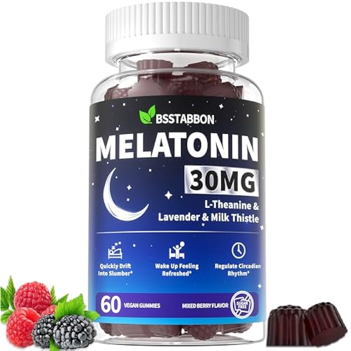 BSSTABBON Adults Melatonin Gummies 30mg: Extra Strength Sugar Free Melatonin Gummies with Magnesium L-Theanine Chamomile Lavender Vitamin B12 B6 D3 - Nighttime Deep Zzz Aid Immune Support(60Count) - Image 1