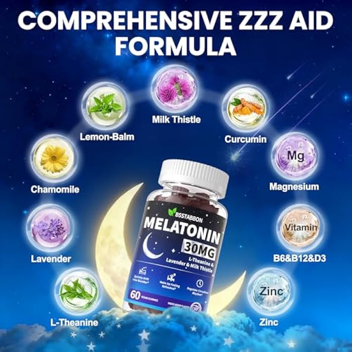 BSSTABBON Adults Melatonin Gummies 30mg: Extra Strength Sugar Free Melatonin Gummies with Magnesium L-Theanine Chamomile Lavender Vitamin B12 B6 D3 - Nighttime Deep Zzz Aid Immune Support(60Count) - Image 3
